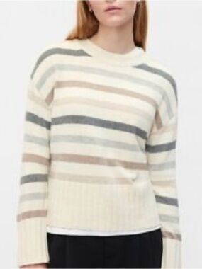 GAP Women’s CashSoft Gray Tan‎ Ivory Striped Relaxed Crewneck Knit Sweater Sz L